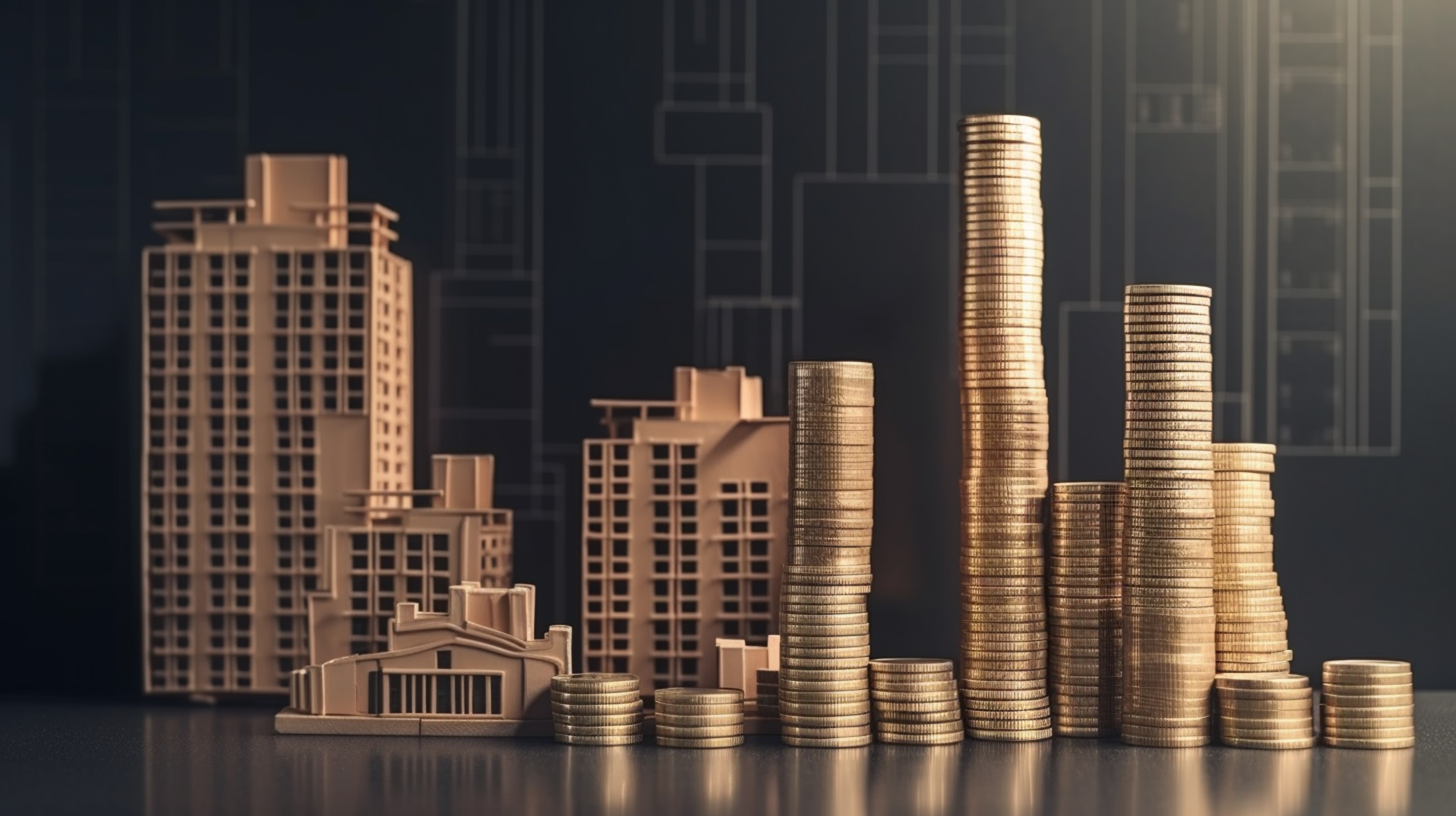 Coins stack with house model on blurred cityscape background. Real estate and property investment concept.generative  ai
