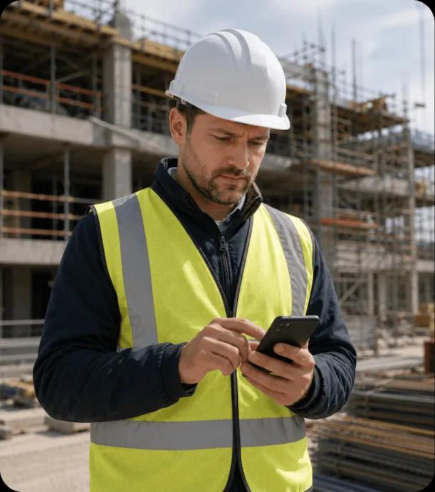Site inspector using a phone on a construction site