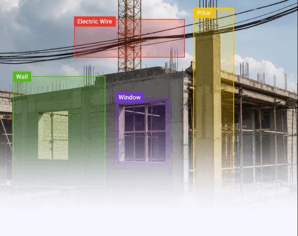 Object detection labels — Electric Wire, Wall, Window, Pillar — overlaid on a construction site